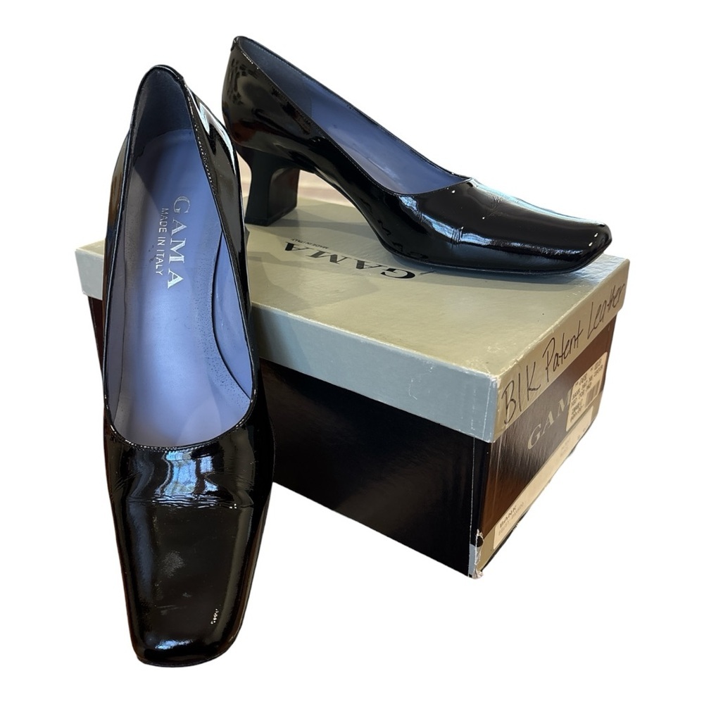 80s GAMA MADE IN ITALY BLACK PATENT LEATHER FLARED BLOCK HEEL COURT SHOE SZ 9.5